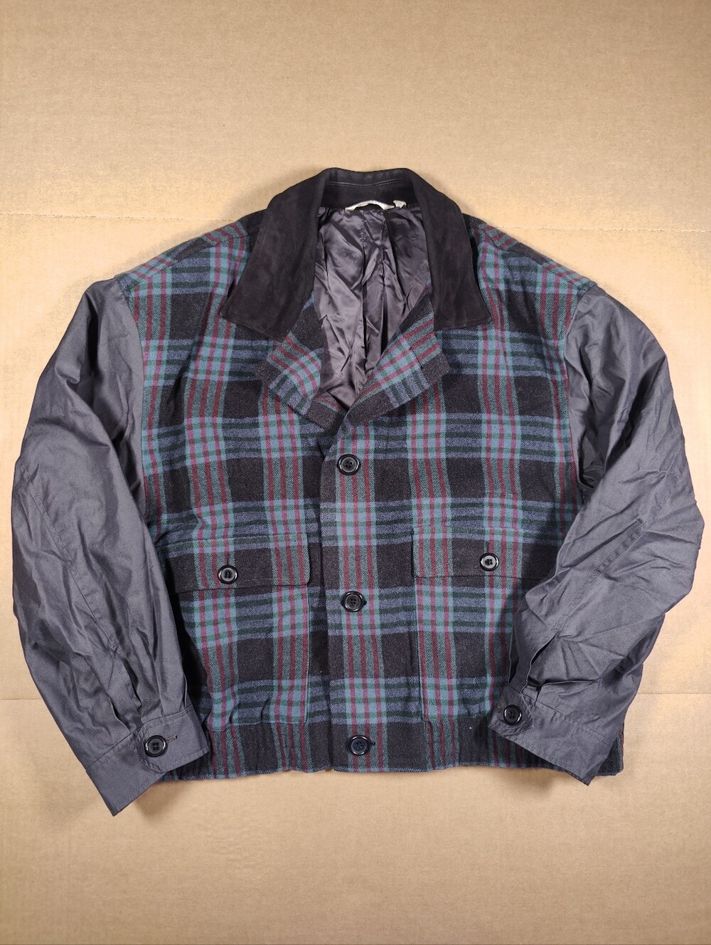 VTG Perry Ellis Wool Green Plaid Harrington Bomber Jacket Sz 44 XL Made In Italy